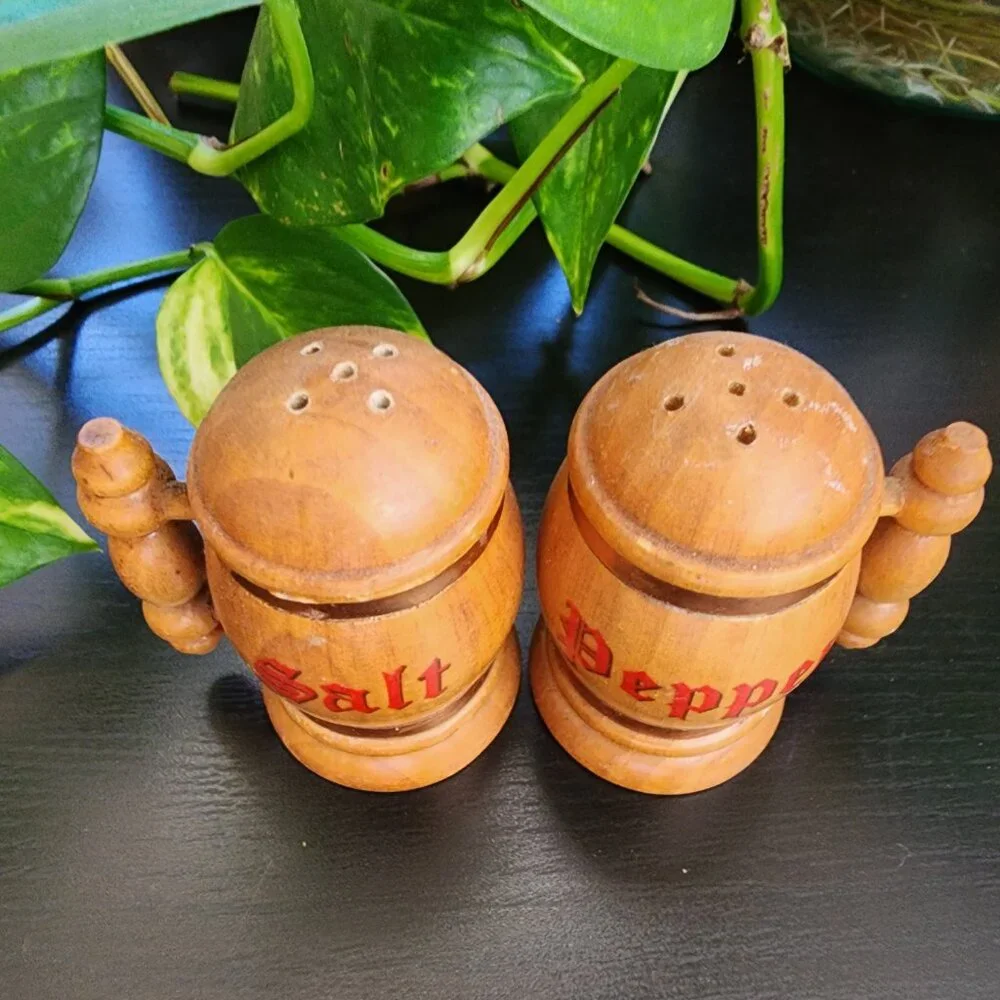 Vintage Beer Stein Mug Handled Copper Accent MCM Wood Salt and Pepper Shakers